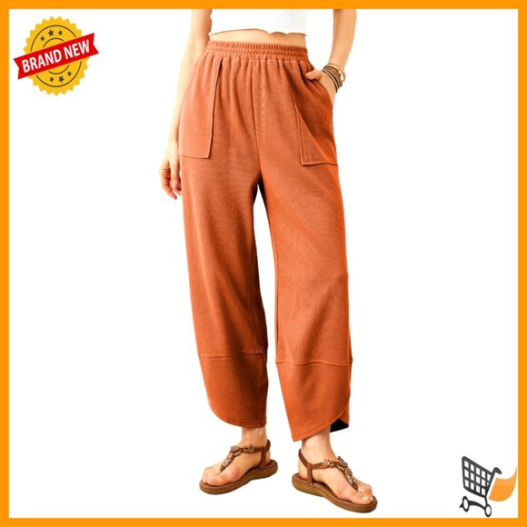 Wide Leg Palazzo Pants Elastic Waist Pockets Casual Slouchy Fit